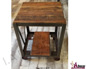 Industrial Metal End Table - Iron End Table With Wheels - Reclaimed Wood End Table - Cart End Table - Custom End Table - USA