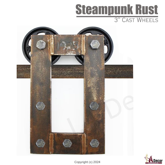 Real Rust Barn Door Hardware Kit – Industrial Steampunk Sliding System with Cast Iron Wheels
