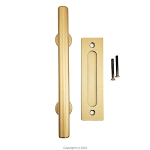 May include: Gold-toned door handle with a rectangular pull and a matching flush mount. The handle is designed for sliding doors and comes with two screws.