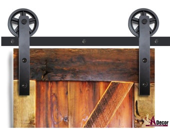 Black Spoked Wheel Barn Door Hardware Kit – Flat Strap, Up to 77" Rail