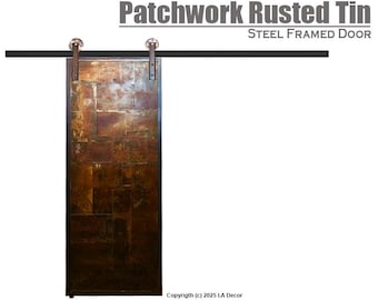 Rusty Tin Patchwork Barn Door, Steel Frame, Industrial Style