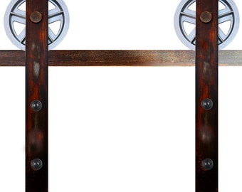 May include: A set of two rustic brown wooden barn door hardware with silver metal wheels and black metal accents. The hardware is mounted on a wooden beam.