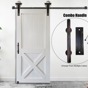 May include: Black sliding barn door hardware with a black metal handle and a black flush pull. The handle is a combination pull and knob. The hardware is mounted on a white door with a white X design.