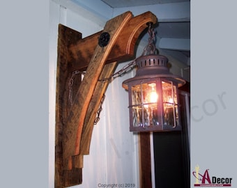 Rustic Mill Wood Corbel Bracket, Hanging Light Fixture Brace, Cast Iron Washers
