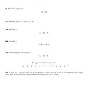 May include: A Grade 7 Mathematics Assessment page labeled Form 29, containing questions Q8 through Q14. The text includes algebraic expressions, equations, inequalities, a number line graph, and a word problem about truck load capacity.