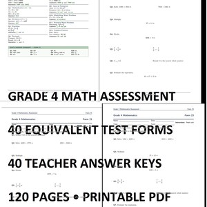 Può includere: Un pacchetto di valutazione di matematica per la quarta elementare contenente 40 moduli di test equivalenti e 40 chiavi di risposta per insegnanti, per un totale di 120 pagine in formato PDF stampabile. I documenti presentano vari problemi matematici.