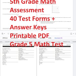 May include: A digital document titled Grade 5 Mathematics Assessment Form 02, featuring math problems on place value, decimals, multiplication, fractions, volume, and coordinate geometry, alongside a Quick Answer Summary Form 35 and 36 answer key.
