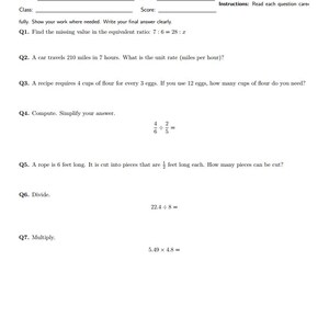Könnte beinhalten: Ein Mathematik-Bewertungsbogen für die 6. Klasse, Formular 01, mit sieben mathematischen Aufgaben. Der Text enthält Fragen zu äquivalenten Verhältnissen, Einheitsraten, Mehl-Ei-Verhältnissen, Bruchrechnung und Dezimaloperationen.