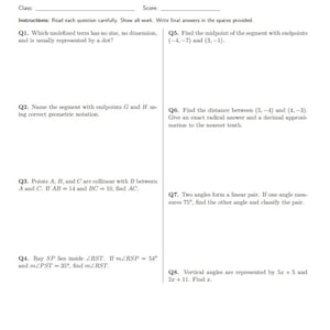 May include: A Grade 10 Geometry Assessment Form 01 document featuring eight math questions. The text includes fields for name, date, class, and score, with instructions to show all work and write final answers in the provided spaces.