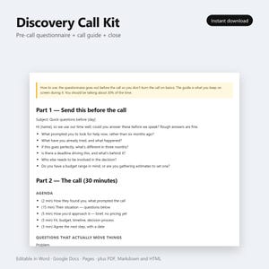 May include: A Discovery Call Kit document featuring a pre-call questionnaire and a 30-minute call guide. The text includes instructions on how to use the kit, Part 1 with pre-call questions, and Part 2 with a structured agenda for the discovery call.