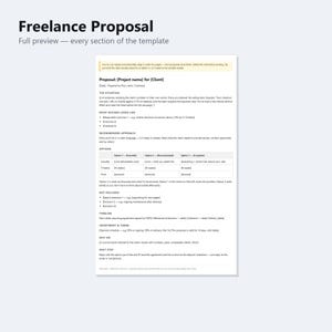 Könnte beinhalten: Eine digitale Freelance-Angebotvorlage mit schwarzem Text auf weißem Hintergrund. Das Dokument enthält Abschnitte mit den Titeln Proposal, The Situation, What Success Looks Like, Recommended Approach, Options, Not Included und Timeline.