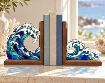 Serre-livres en verre à motif vagues océaniques, style vitrail bleu, avec socle en bois