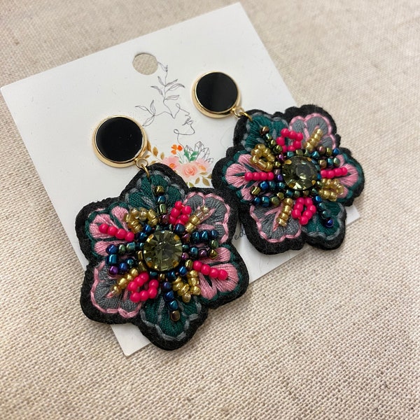 These Embroidered Flowers in a Unique Statement Dangle Earrings Perfect for a woman’s Gift or a day to day Jewelry Handmade Canada