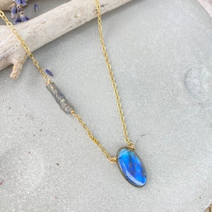 Delicate Labradorite Pendant Chain Gold Plated Gold Necklace Labradorite Crystal Pendant