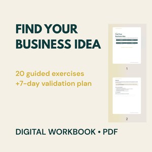 Op de afbeelding: Een digitaal werkboek in PDF-formaat getiteld Find Your Business Idea, met 20 begeleide oefeningen en een validatieplan van 7 dagen. Het document bevat twee paginavoorbeelden genummerd 1 en 2, met donkergroene tekst op een lichtcrème achtergrond.