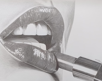 Original hyperrealistisk grafitteckning - Sensuella läppar och läppstiftskonst, svartvit realistisk munblyertsskiss, konst 40x57,3 cm