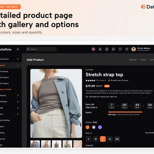 May include: A digital interface displaying a product page for a stretch strap top. The screen shows a gray top, a blue jacket, and white pants, with product details, color options, size selections, and a countdown timer for a limited offer.