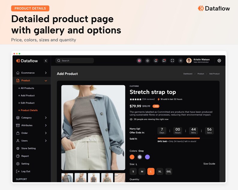 May include: A digital interface displaying a product page for a stretch strap top. The screen shows a gray top, a blue jacket, and white pants, with product details, color options, size selections, and a countdown timer for a limited offer.
