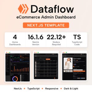 Puede incluir: Un gráfico digital que muestra la plantilla Dataflow eCommerce Admin Dashboard para Next.js. Incluye especificaciones técnicas como 4 paneles de control, Next.js versión 16.1.6, Node.js 22.12+ y código TypeScript, junto con tres vistas previas.