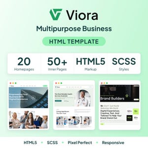 Viora, template HTML multiuso per aziende, 20 homepage, ideale per agenzie, studi medici, aziende SaaS e siti web responsivi in ​​SCSS.