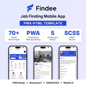 Aplicación móvil Findee para búsqueda de empleo, plantilla HTML PWA, interfaz de usuario de sitio web de reclutamiento Bootstrap 5
