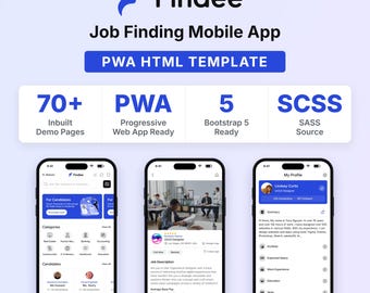 Findee求人検索モバイルアプリ、PWA HTMLテンプレート、Bootstrap 5採用ウェブサイトUI
