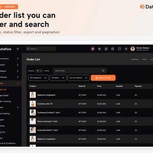 May include: A digital interface for a Dataflow order list featuring a dark theme with a sidebar navigation menu, search bar, status filters, and an export button. The table displays product names, order IDs, prices, quantities, and payment status.