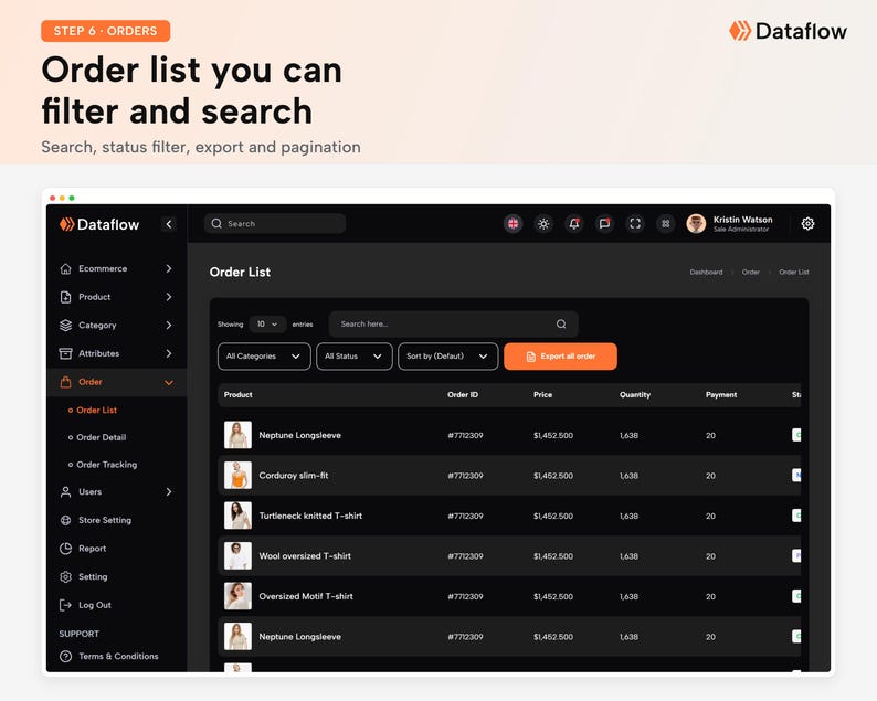 May include: A digital interface for a Dataflow order list featuring a dark theme with a sidebar navigation menu, search bar, status filters, and an export button. The table displays product names, order IDs, prices, quantities, and payment status.