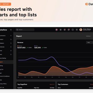 May include: A digital dashboard interface titled Dataflow displaying a sales report with a dark theme. The screen features a navigation sidebar, a revenue line chart with orange and purple trends, and sections for top pages and top customers.