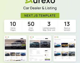 Aurexo自動車販売店リストNext.jsテンプレート、車両マーケットプレイス、自動車ウェブサイト、レンタルサービス