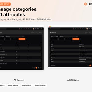 May include: A digital interface titled Catalog Setup: Manage categories and attributes. It displays two dark-themed dashboards: All Category, listing items like T-shirt and Cardigan with quantities, and All Attributes, showing categories like Color, Size, and Material.