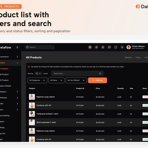 May include: A digital dashboard interface titled All Products featuring a dark theme with a sidebar navigation menu, a search bar, and a table displaying product names, IDs, prices, quantities, sales, and stock status with buttons for adding new items.