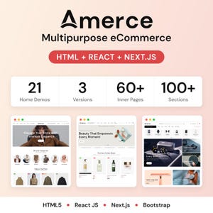 Amerce Multipurpose eCommerce HTML, React och Next.js mall, webbutik, modebutik, Bootstrap