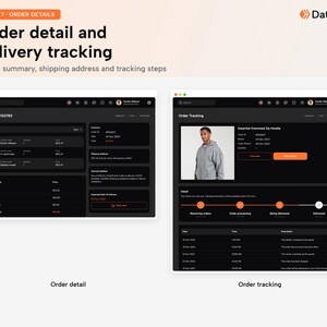 May include: A digital interface display titled Order detail and delivery tracking by Dataflow. It features two dark-themed panels showing order summaries, item lists, shipping addresses, and a visual progress bar for tracking delivery status.