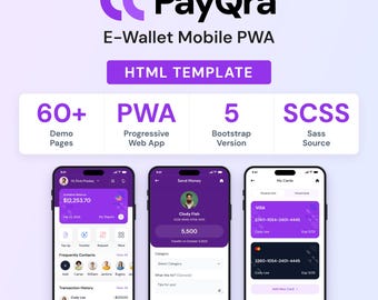 PayQra eウォレットモバイルPWAテンプレート、フィンテックバンキングアプリ、Bootstrap 5、SASS、決済UI