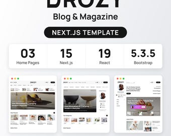 Plantilla Drozy Blog Magazine Next.js, React 19 moderno, TypeScript, Bootstrap, Modo oscuro