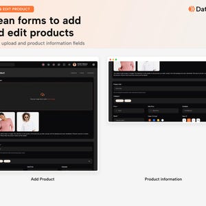 May include: A digital interface display showing two software screens labeled Add Product and Product information. The dark-themed UI features input fields for product titles, categories, pricing, and image upload areas with placeholder icons.