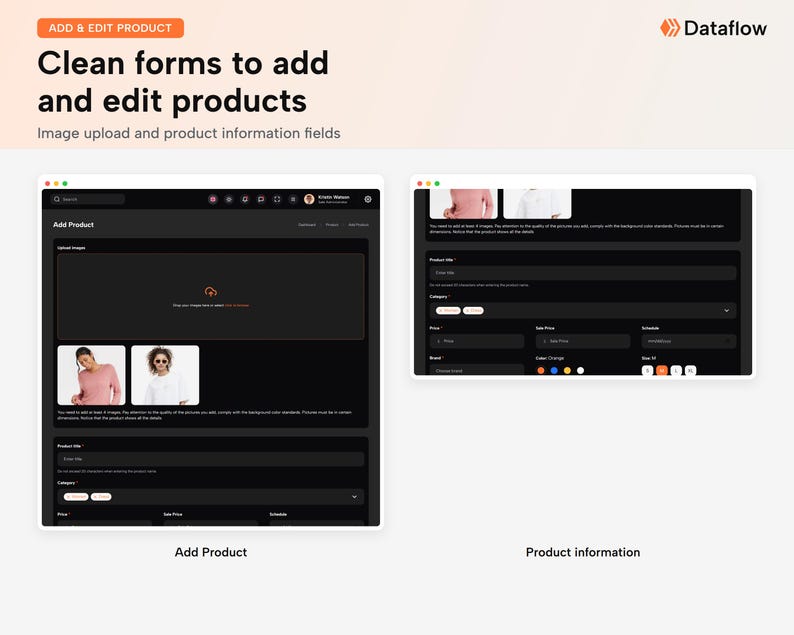May include: A digital interface display showing two software screens labeled Add Product and Product information. The dark-themed UI features input fields for product titles, categories, pricing, and image upload areas with placeholder icons.