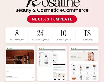 Rosaline Beauty 化粧品 eコマース Nextjs テンプレート、スキンケア ストア、TypeScript、レスポンシブ ウェブサイト