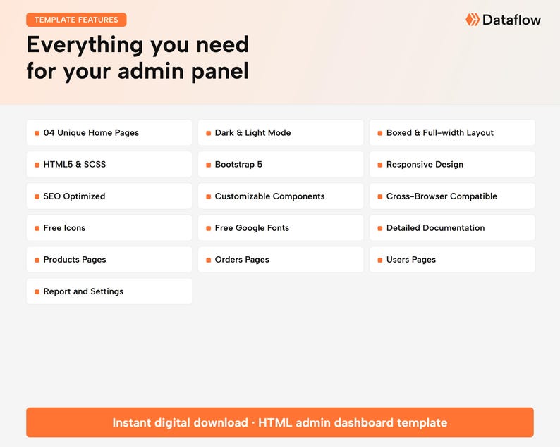 May include: A digital product feature list for a Dataflow admin panel template. Text includes: Everything you need for your admin panel, 04 Unique Home Pages, Dark & Light Mode, Boxed & Full-width Layout, HTML5 & SCSS, Bootstrap 5, Responsive Design, SEO Optimized, Customizable Components, Cross-Browser Compatible, Free Icons, Free Google Fonts, Detailed Documentation, Products Pages, Orders Pages, Users Pages, Report and Settings, and Instant digital download HTML admin dashboard template.