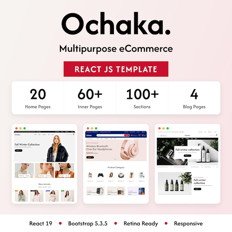 Plantilla Ochaka React, tema multipropósito para tienda online de comercio electrónico con ReactJS, sitio web para tiendas de moda y electrónica. imagen 1