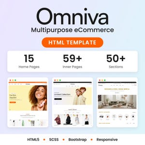 Op de afbeelding: Omniva Multipurpose eCommerce HTML-sjabloon met 15 homepagina's, 59+ interne pagina's en 50+ secties. Het ontwerp bevat drie websitevoorbeelden met diverse lay-outs en tekstlabels voor HTML5, SCSS, Bootstrap en Responsive functionaliteiten.