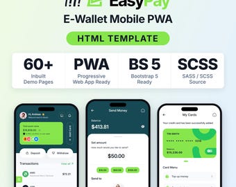 EasyPay EウォレットモバイルPWA HTMLテンプレート、フィンテックバンキングアプリUI、Bootstrap 5、決済ウェブサイト