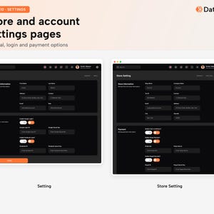 May include: A digital interface display titled Step 10 - Settings, Store and account settings pages. It features two dark-themed web forms labeled Setting and Store Setting, containing input fields for general information, login, and payment options.
