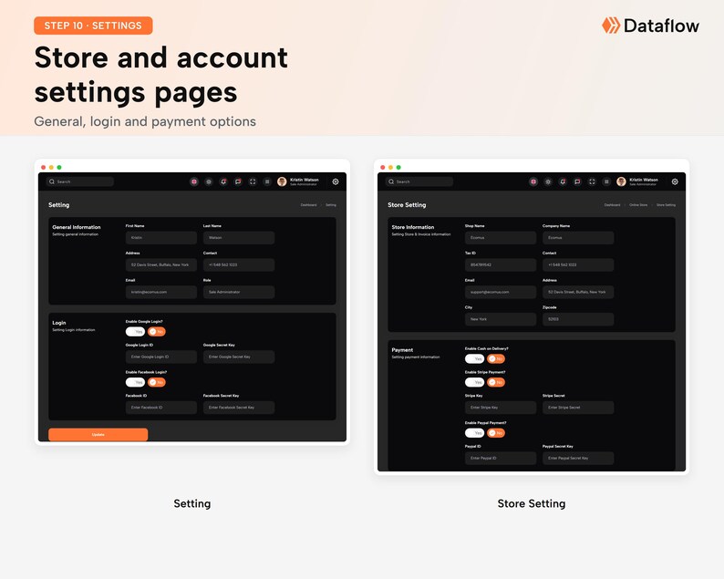 May include: A digital interface display titled Step 10 - Settings, Store and account settings pages. It features two dark-themed web forms labeled Setting and Store Setting, containing input fields for general information, login, and payment options.