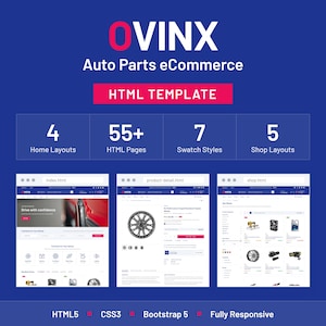 Peut inclure: Le modèle HTML OVINX Auto Parts eCommerce comprend 4 mises en page d'accueil, plus de 55 pages HTML, 7 styles d'échantillons et 5 mises en page de boutique. Il présente des aperçus des pages index.html, product-detail.html et shop.html en HTML5, CSS3.