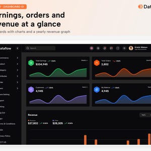 May include: A dark-themed Dataflow dashboard interface displaying analytics with a sidebar menu, four metric cards showing earnings, orders, customers, and balance with line graphs, and a bottom section featuring revenue and order bar charts.