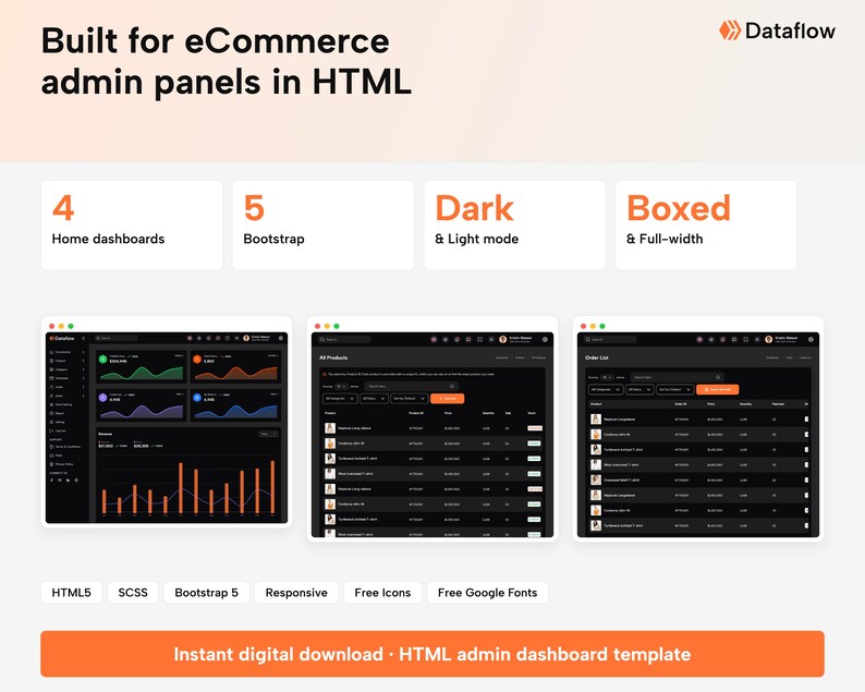 May include: A digital product display for Dataflow HTML admin panels featuring four home dashboards, five Bootstrap versions, dark and light modes, and boxed or full-width layouts. Includes HTML5, SCSS, responsive design, icons, and Google Fonts.