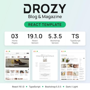 Drozy React Blog Magazine Template, TypeScript Bootstrap 5 News Portal Website, Dark Light Mode