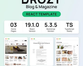 Plantilla de blog/revista Drozy React, sitio web de portal de noticias TypeScript Bootstrap 5, modo oscuro/claro